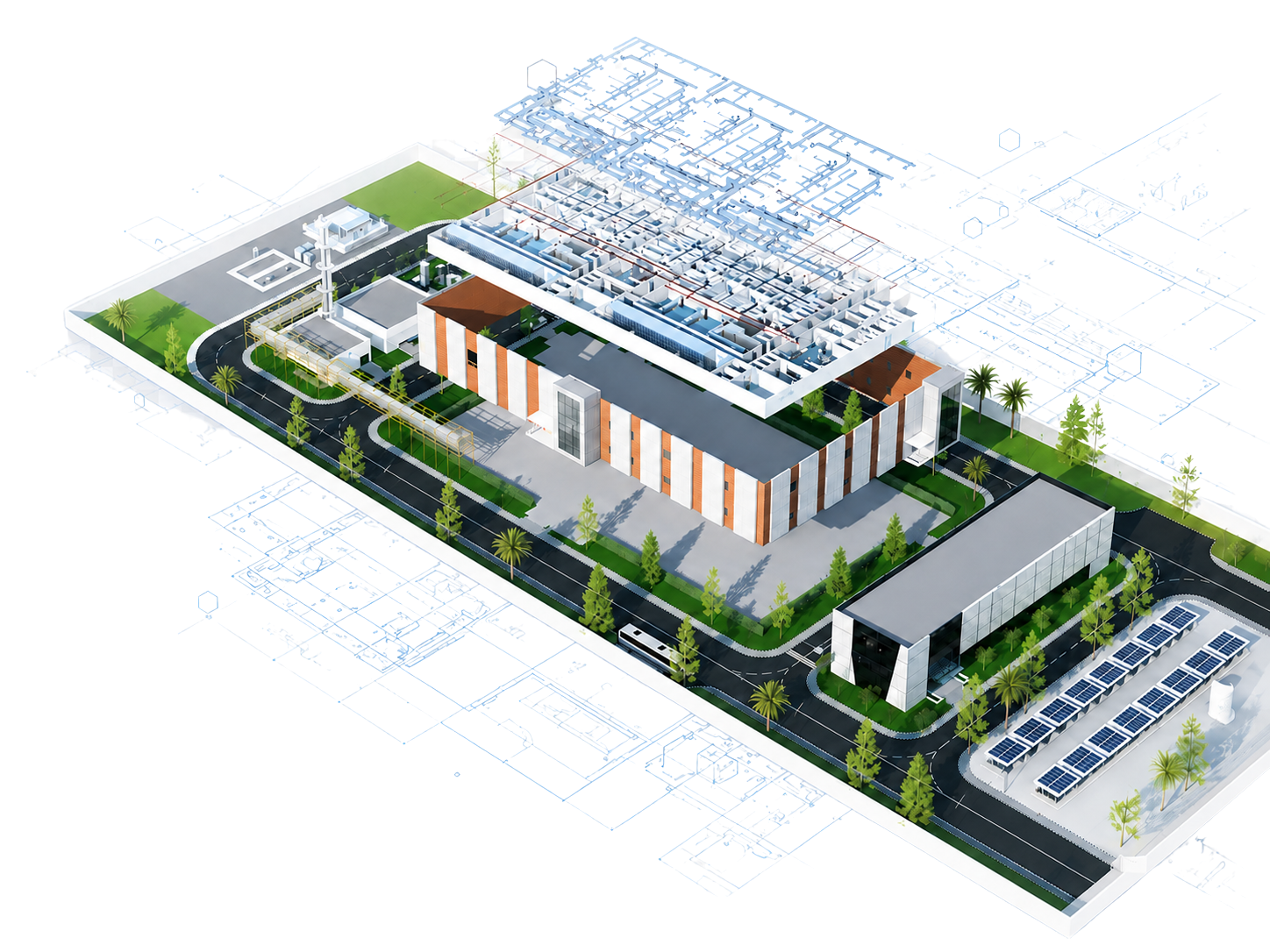 Pharma Connect pharmaceutical facility — aerial engineering render