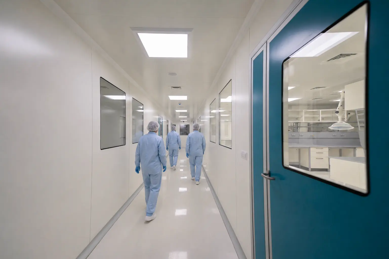 Personnel walking through a graded cleanroom corridor