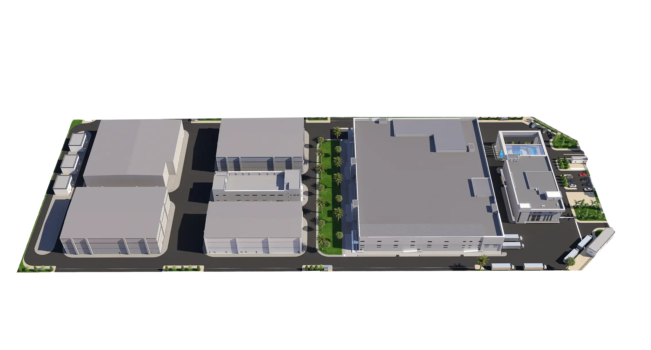 Exploded 3D view of a pharmaceutical facility plot