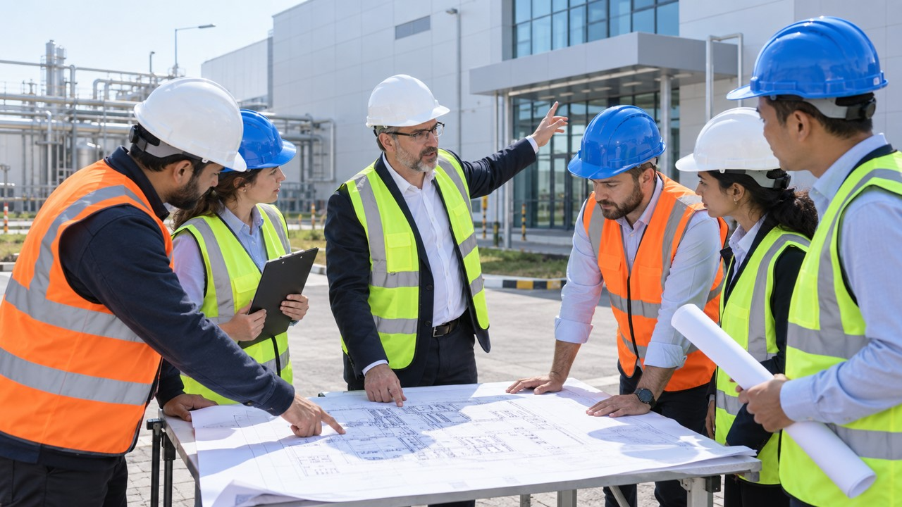 Project manager reviewing plans on site